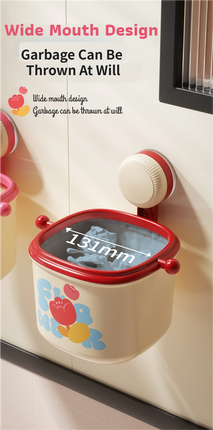 Cream Red Cute Suction Cup Wall-Mounted Trash Bin with Bag Press Ring and Wide Opening - Multifunctional Organizer & Waste Basket for Office Living Room And Bedroom