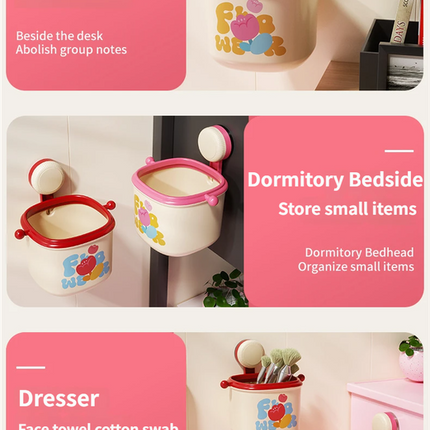 Cream Powder Cute Suction Cup Wall-Mounted Trash Bin with Bag Press Ring and Wide Opening - Multifunctional Organizer & Waste Basket for Office Living Room And Bedroom