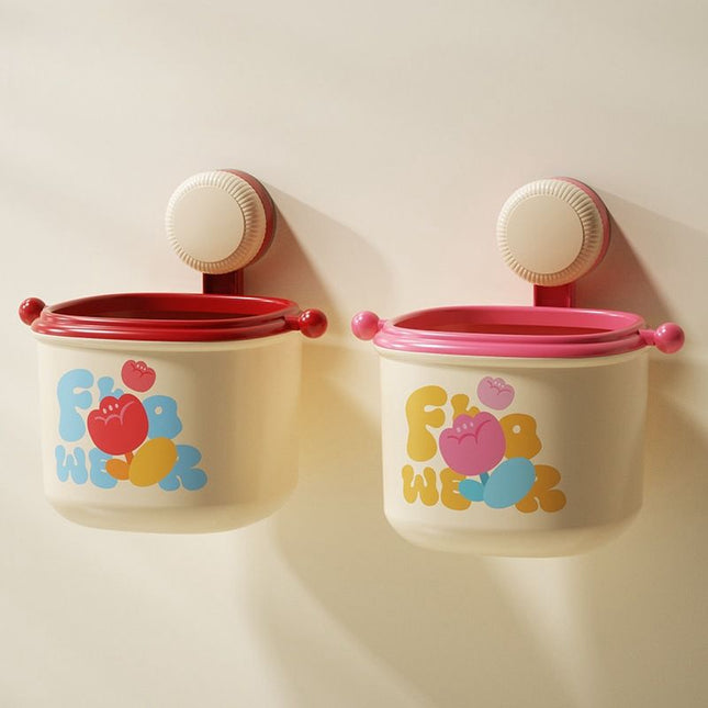 2-Pack Cream Red & Cream Powder Cute Suction Cup Wall-Mounted Trash Bin with Bag Press Ring and Wide