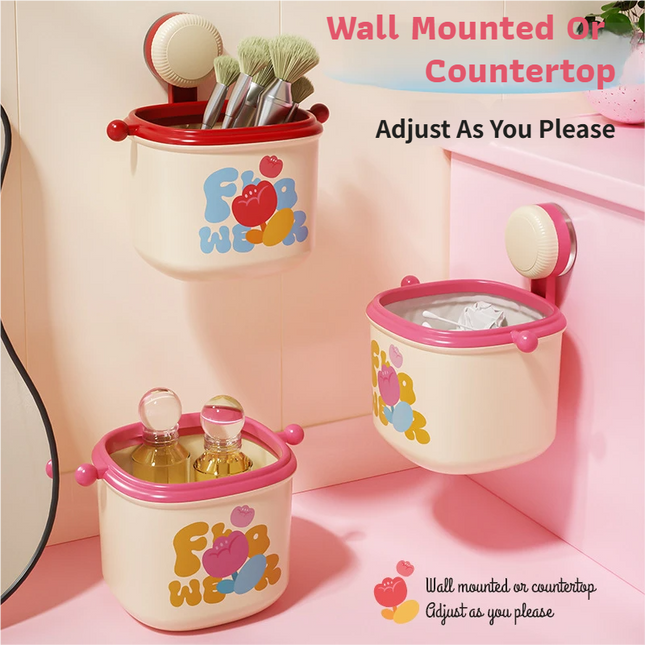 2-Pack Cream Red & Cream Powder Cute Suction Cup Wall-Mounted Trash Bin with Bag Press Ring and Wide – product detail