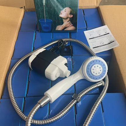 White Portable Outdoor Electric Shower Pump with 3-Mode Spray and 1.5m Flexible Hose - USB Rechargeable Handheld Shower Set for Camping, Hiking & Pet Washing