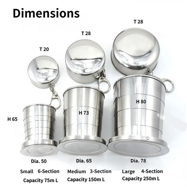 3-Capacity Silver Stainless Steel Collapsible Travel Cup Set(75ml Plus 150ml Plus – product detail