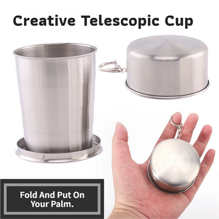 3-Capacity Silver Stainless Steel Collapsible Travel Cup Set(75ml + 150ml + 250ml) - Compact Telescopic Drinking Cup with Keychain & Dust-Proof Lid for Outdoor Hiking and Camping