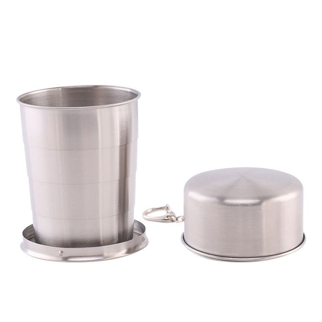 250ML Silver Stainless Steel 4-Section Telescopic Travel Cup with Keychain & Dust-Proof Lid for Outdoor