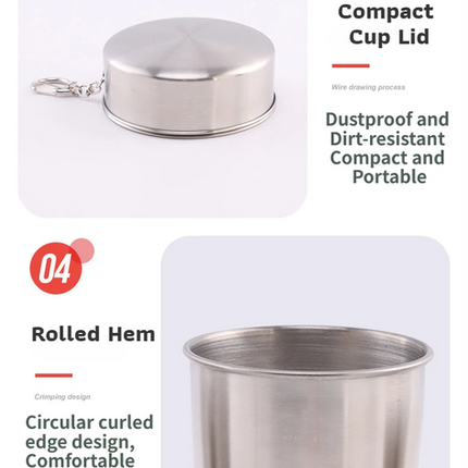 250ML Silver Stainless Steel 4-Section Telescopic Travel Cup with Keychain & Dust-Proof Lid for Outdoor Hiking and Camping