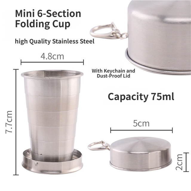 75ML Silver Stainless Steel 6-Section Telescopic Travel Cup with Keychain & Dust-Proof Lid for Outdoor