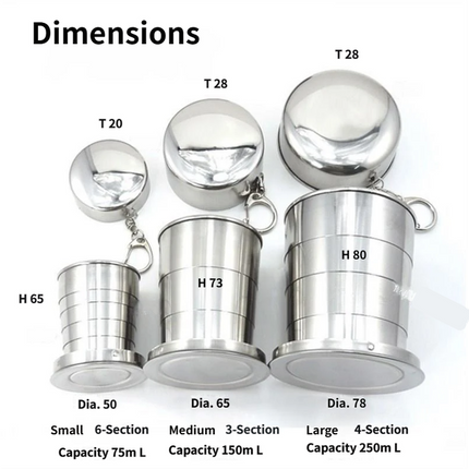 75ML Silver Stainless Steel 6-Section Telescopic Travel Cup with Keychain & Dust-Proof Lid for Outdoor Hiking and Camping