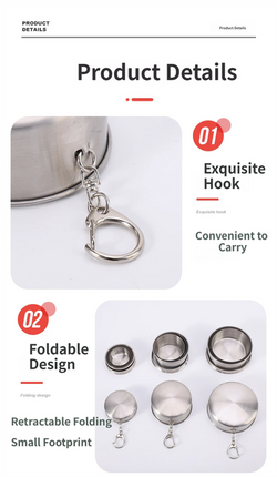 75ML Silver Stainless Steel 6-Section Telescopic Travel Cup with Keychain & Dust-Proof Lid for Outdoor Hiking and Camping
