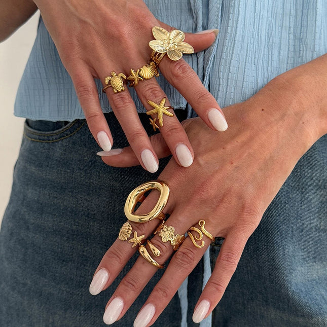 9-Piece Pale Gold Ocean-Inspired Stackable Ring Set