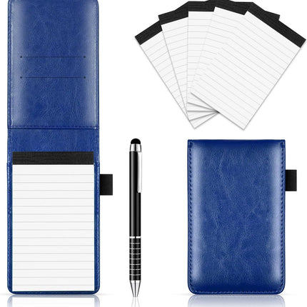 7-Piece Blue Business A7 Pocket Notebook Set - Premium PU Leather Memo Pad, 5 Memo Replacement Refills & 2-in-1 Metal Stylus Pen
