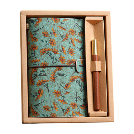 Wild Rose Retro A6 Travelers Leather Notebook & Wooden Pen Gift Box - Floral Botanical Loose-Leaf Journal with Bronze Charm, Kraft Paper and Lined Paper