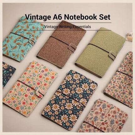 Ivy Retro A6 Travelers Leather Notebook & Wooden Pen Gift Box - Floral Botanical Loose-Leaf Journal with Bronze Charm, Kraft Paper and Lined Paper