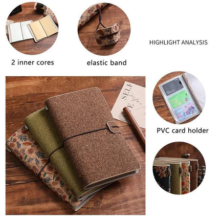 Calendula Retro A6 Travelers Leather Notebook & Wooden Pen Gift Box - Floral Botanical Loose-Leaf Journal with Bronze Charm, Kraft Paper and Lined Paper