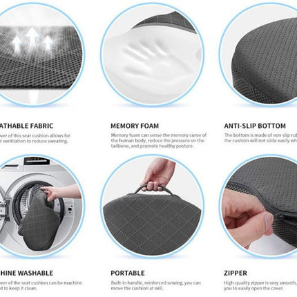 Grey Ergonomic Memory Foam U-Shaped Seat Cushion - Breathable Orthopedic Pressure Relief Pillow with ZIpper Cover & Handle (45 x 36 CM)