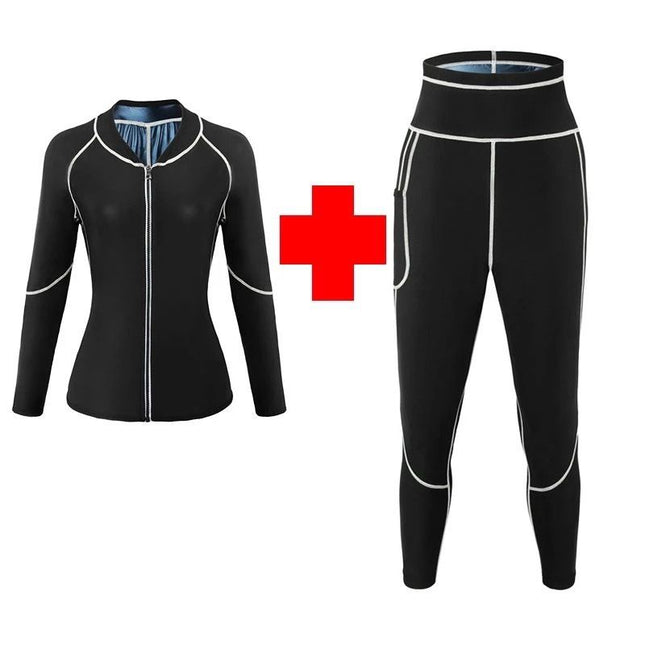 3XL Size Black and Blue Women's Workout Sauna Sweat Suit Set Long Sleeve & Leggings