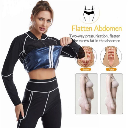 2XL Size Black and Silver Women's Workout Sauna Sweat Suit Set: Long Sleeve & Leggings - High Elasticity Compression Shapewear for Weight Loss & Yoga