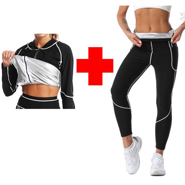 3XL Size Black and Silver Women's Workout Sauna Sweat Suit Set Long Sleeve & Leggings