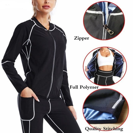 3XL Size Black and Silver Women's Workout Sauna Sweat Suit Set: Long Sleeve & Leggings - High Elasticity Compression Shapewear for Weight Loss & Yoga
