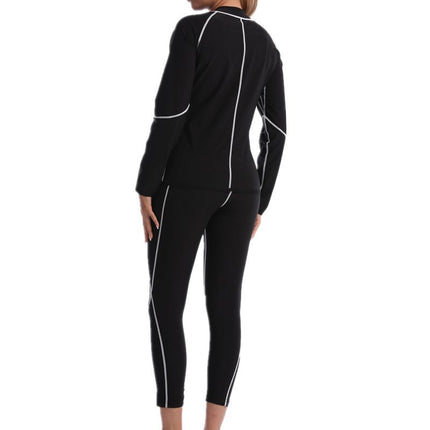 3XL Size Black and Silver Women's Workout Sauna Sweat Suit Set: Long Sleeve & Leggings - High Elasticity Compression Shapewear for Weight Loss & Yoga