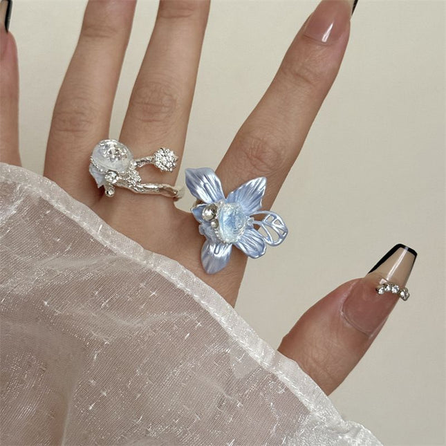 2PCS Vintage Camellia Handmade Enamel Stackable Wide Metal Rings A Plus B with Zirconia Accents