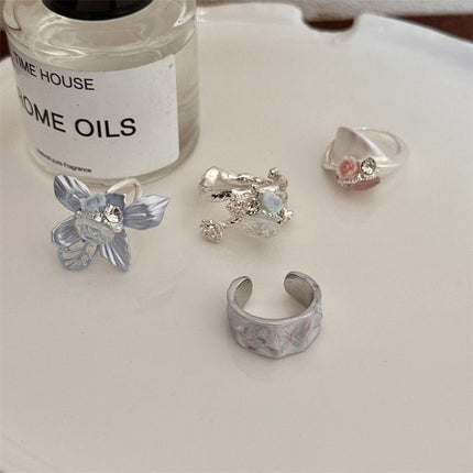 2PCS Vintage Camellia Handmade Enamel Stackable Wide Metal Rings C Plus D with Zirconia Accents – product detail