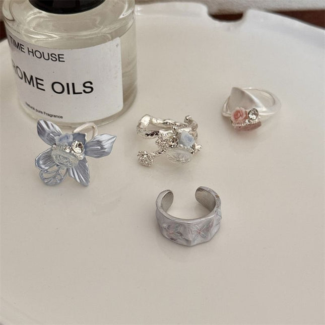 4PCS Vintage Camellia Handmade Enamel Stackable Wide Metal Rings A Plus B Plus C Plus D with Zirconia