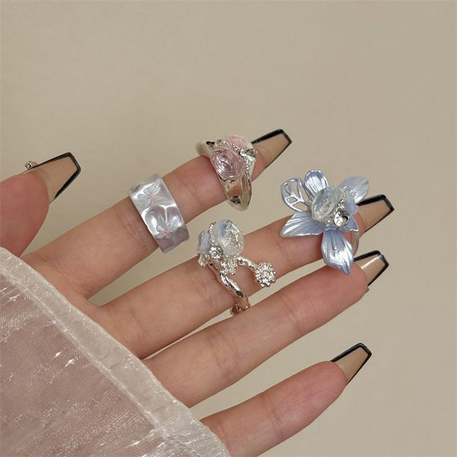 4PCS Vintage Camellia Handmade Enamel Stackable Wide Metal Rings A Plus B Plus C Plus D with Zirconia – product detail