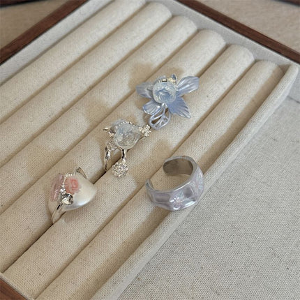 4PCS Vintage Camellia Handmade Enamel Stackable Wide Metal Rings A+B+C+D with Zirconia Accents - French Style Stackable Floral Band for Women
