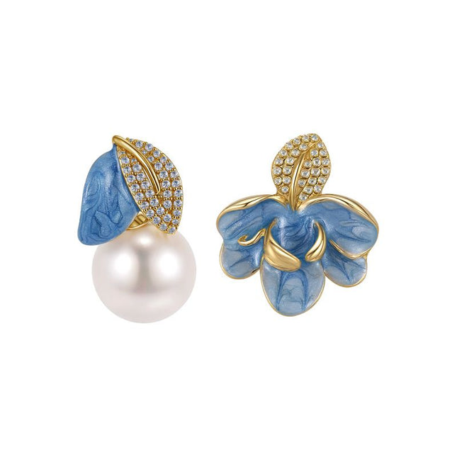 Luxury Porcelain Blue Gold Enamel Flower Pearl Earrings with Sparkling Zirconia