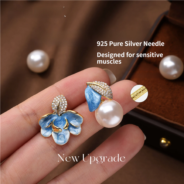 Luxury Porcelain Blue Gold Enamel Flower Pearl Earrings with Sparkling Zirconia – product detail
