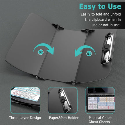 Black Waterproof Aluminum Tri-Fold Nursing Clipboard with Pen Slot - Lightweight Pocket-Sized A4 Document Holder & 180° Flat Writing Pad