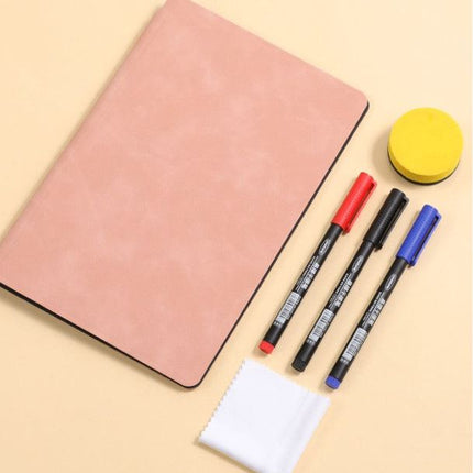 Green A4 PU Leather Whiteboard Notebook with 3-Color Pens, Eraser & Cloth - Reusable Eco-Friendly Desktop Memo Pad & Handheld Writing Tablet