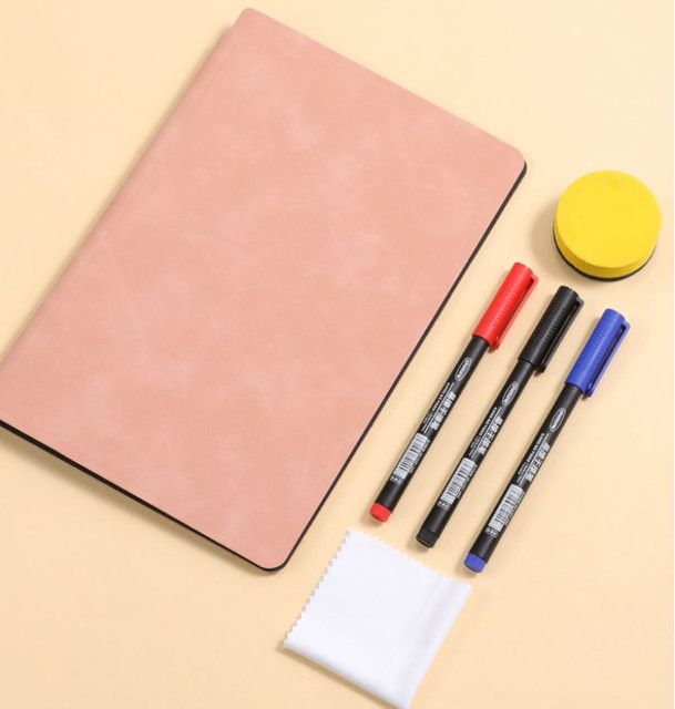 Dark Blue A4 PU Leather Whiteboard Notebook with 3-Color Pens Eraser & Cloth – product detail