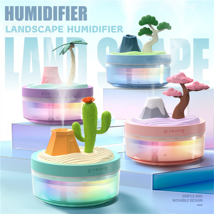 Cactus & Pine Tree USB Portable Bionic Landscape Humidifier and Creative Potted Plant Air Diffuser - 7-Color Night Light & 2-Mode Mist Timer