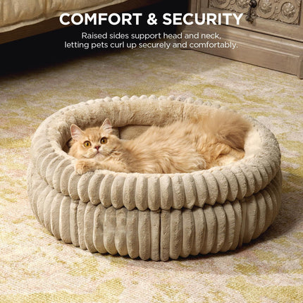50x50x18 CM Pink Ultra-Soft Thickened Round Pet Bed with Stripe Texture - Plush Self-Warming Donut Nest for Cats and Small Dogs