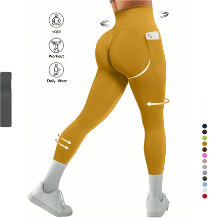 M Size Coffee Breathable High-Waist Ruched Butt-Lift Yoga Leggings - Dual Pockets & No Front T - LineNaked-Feel Performance Tights for Gym, Running & Pilates