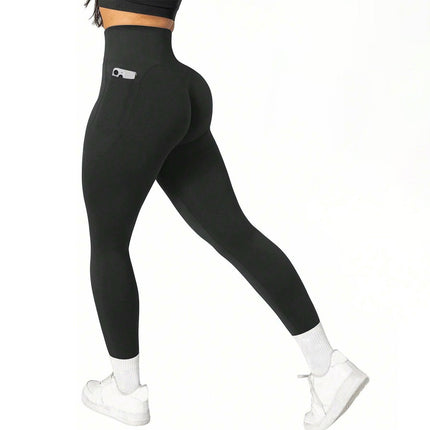 L Size Black Breathable High-Waist Ruched Butt-Lift Yoga Leggings - Dual Pockets & No Front T - LineNaked-Feel Performance Tights for Gym, Running & Pilates