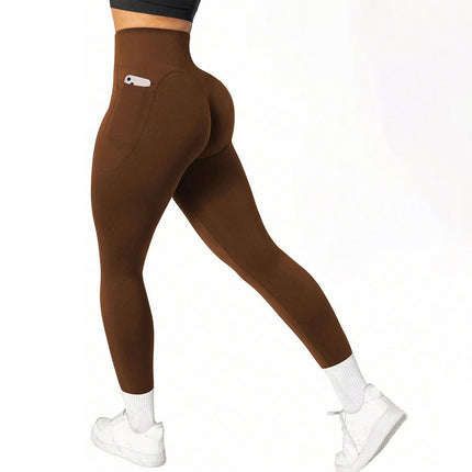 L Size Coffee Breathable High-Waist Ruched Butt-Lift Yoga Leggings - Dual Pockets & No Front T - LineNaked-Feel Performance Tights for Gym, Running & Pilates