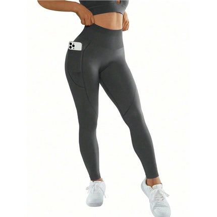 L Size Dark Grey Breathable High-Waist Ruched Butt-Lift Yoga Leggings - Dual Pockets & No Front T - LineNaked-Feel Performance Tights for Gym, Running & Pilates