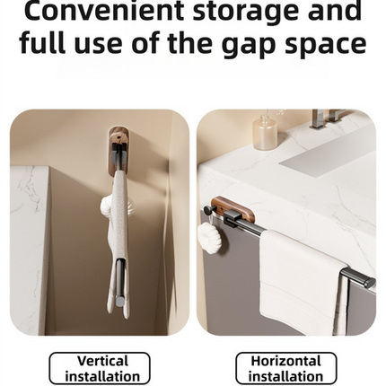 23CM Moisture Aluminum Folding Towel Rack Integrated Bottom Hook - 90° Folding Black Walnut Grain Wall-Mounted Drying Rod and Organize