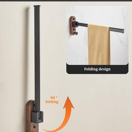 33CM Moisture Aluminum Folding Towel Rack Integrated Bottom Hook - 90° Folding Black Walnut Grain Wall-Mounted Drying Rod and Organize