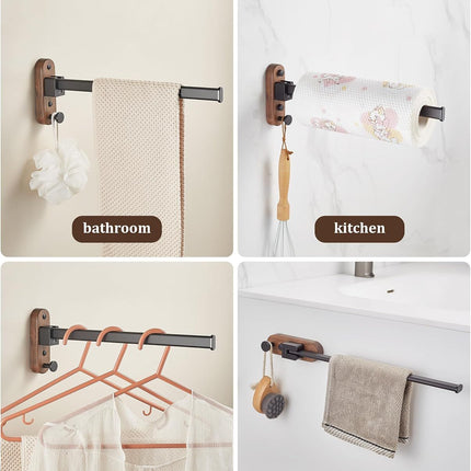 33CM Moisture Aluminum Folding Towel Rack Integrated Bottom Hook - 90° Folding Black Walnut Grain Wall-Mounted Drying Rod and Organize