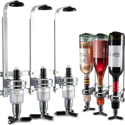 Professional Wall-Mounted Alcohol Tot Dispenser (3 Head) - Heavy Duty Adjustable Metal Wine Rack Decor with Spring-Loaded Bottle Holder