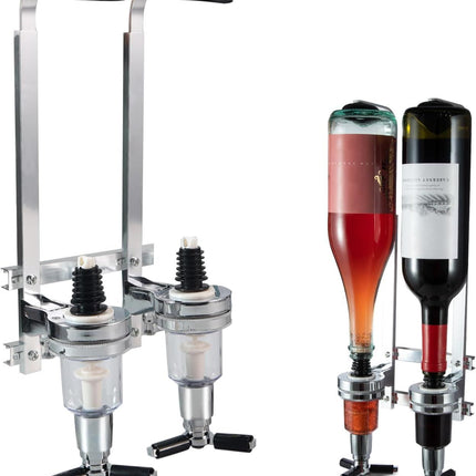 Professional Wall-Mounted Alcohol Tot Dispenser (2 Head) - Heavy Duty Adjustable Metal Wine Rack Decor with Spring-Loaded Bottle Holder