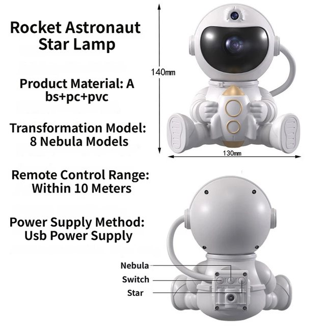 USB Powered Astronaut Nebula Projector & Starry Night Ambient Light with Small Rocket – product detail