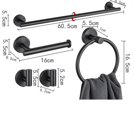 5PCS Matt Black Stainless Steel Bathroom Organizer Set - Wall-Mounted Rotatable Towel Bar, Toilet Paper Holder, Towel Ring & Versatile T-shaped Hooks