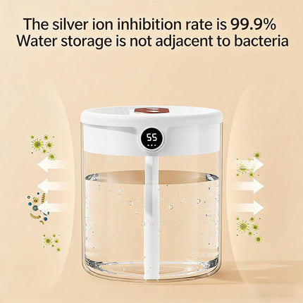 White 2L Dual-Spray Ultrasonic Humidifier and Air Diffuser with Night Light - USB Powered, Quiet Operation, Smart Digital Display & Real-Time Humidity Sensor