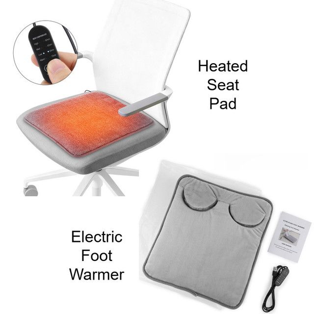 Grey Portable Versatile USB Electric Foot Warmer Plus Heated Seat Pad Set with 4 Temp Levels & 4
