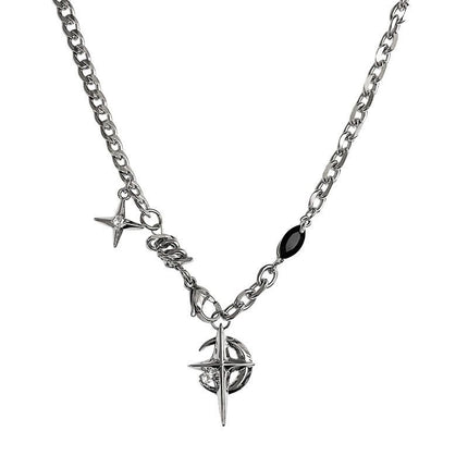 Gothic Cross & North Star Dual-Pendant Splicing Necklace for Men and Women - Titanium Steel Iced Out Cuban Link Chain with Black Gemstone Accents