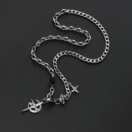 Gothic Cross & North Star Dual-Pendant Splicing Necklace for Men and Women - Titanium Steel Iced Out Cuban Link Chain with Black Gemstone Accents